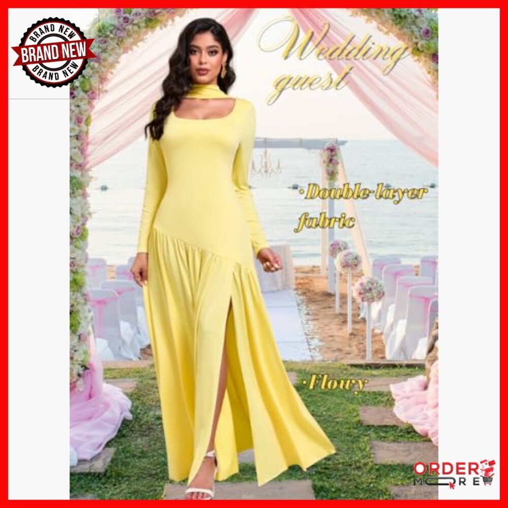 Maxi Dress with Scarf, Drop Waist High Slit Square Neck Long Sleeve Formal - Picture 2 of 7
